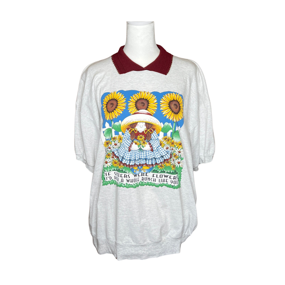 Vintage 90s Sunflower Garden Girl Shirt L Faux Collar Cottagecore Whimsical Boho
